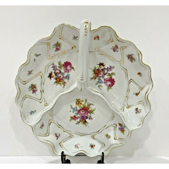 Vintage porcelain center handle server bowl 3-part vegie display white & floral - Picture 1 of 9
